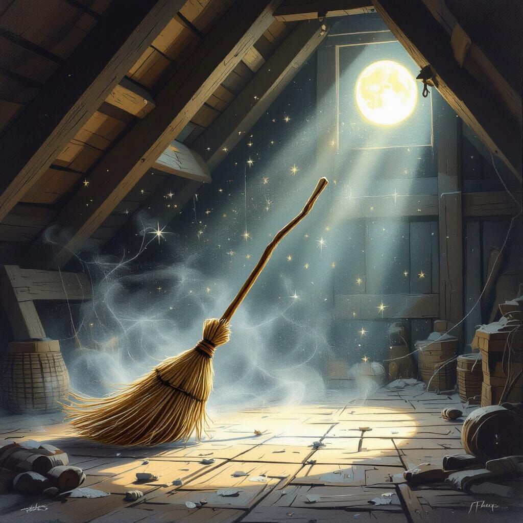 Enchanted Broom Dusts Attic in Magical Painterly Style