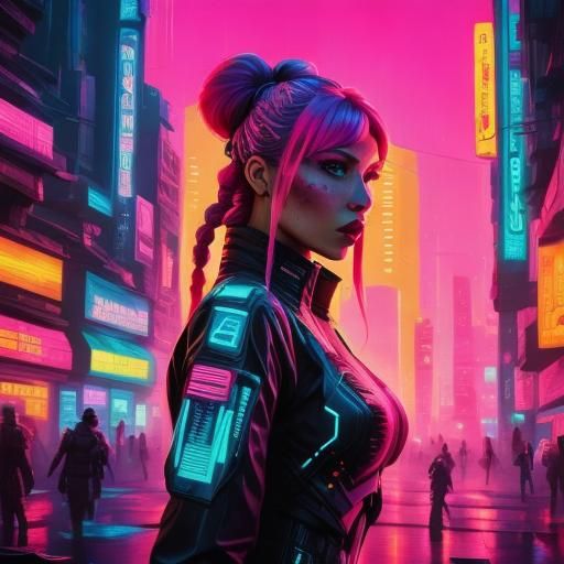 Cyberpunk Woman with Neon Pink Braids in Graffiti Style