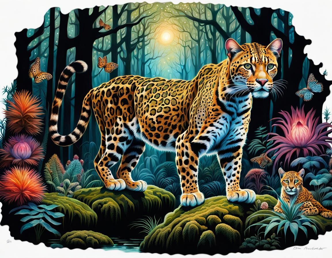 Bioluminescent Wild Cats in Maximalist Jungle