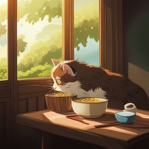 Cat Eating Noodles in Studio Ghibli Style
