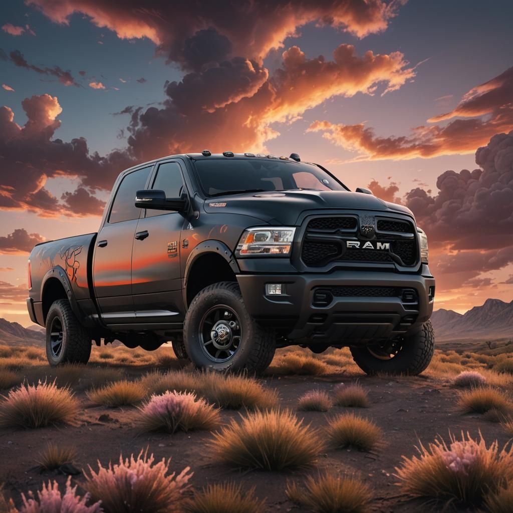 Matte Black Ram Truck at Sunset, Fantasy Concept Art