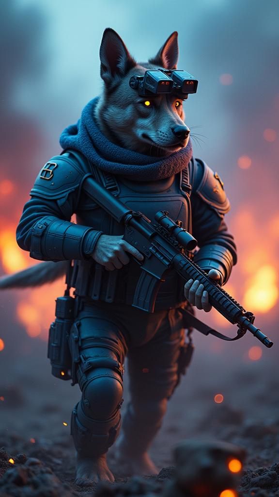 Fierce Warrior Dog in Battlefield, Hyperrealistic Style