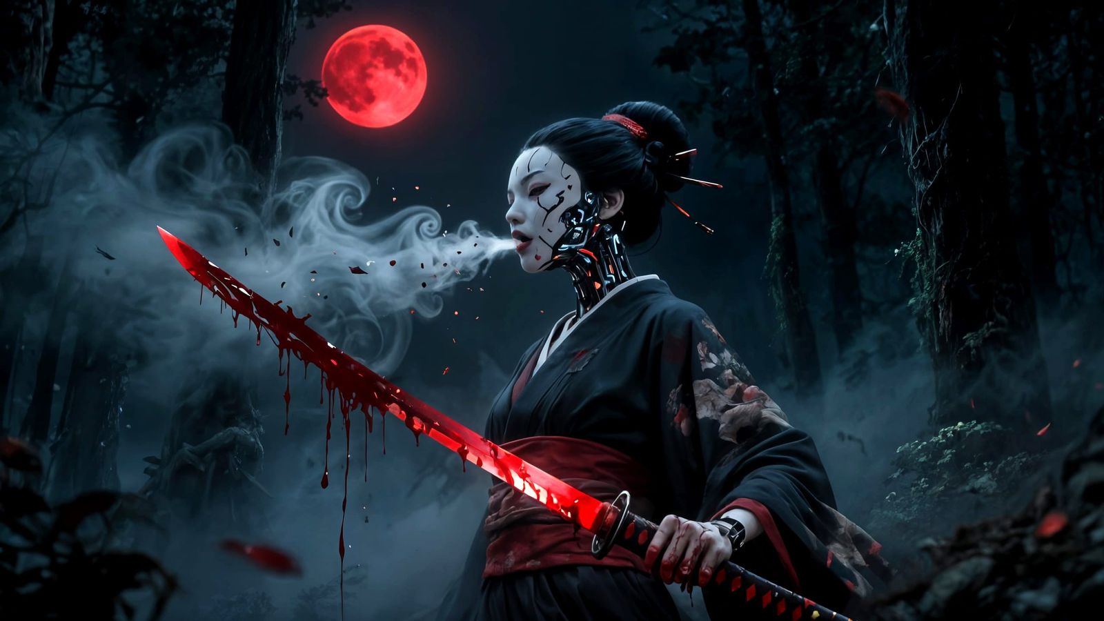 Cybernetic Geisha Exhaling Mist in a Dark Forest