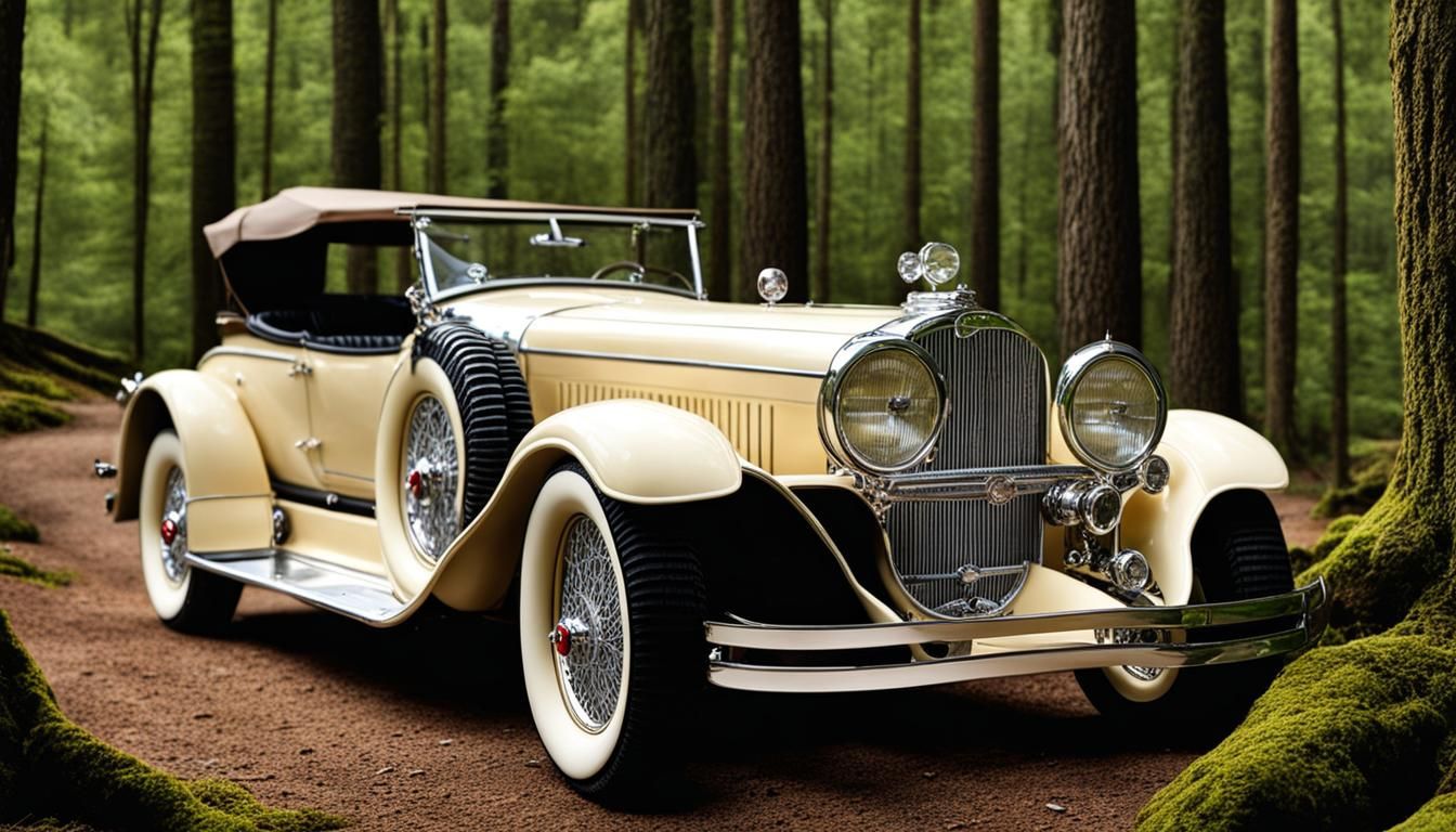 Cream Duesenberg Roadster in Forest: Crochet Art Nouveau