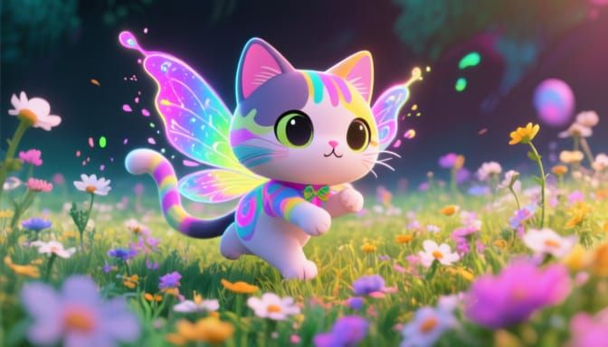 Cute Chibi Cat Character in Wildflower Field