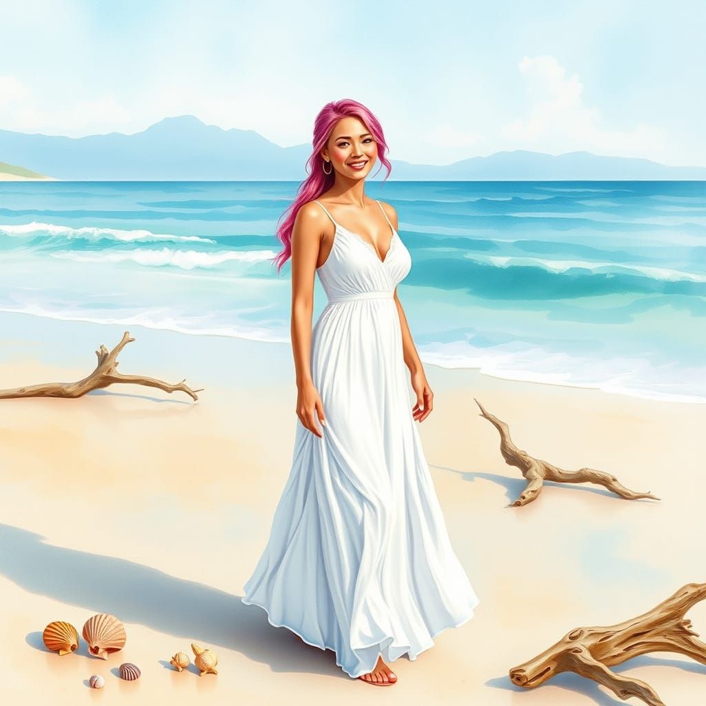 Serene Beach Scene: Pink-Haired Woman in Watercolor Style