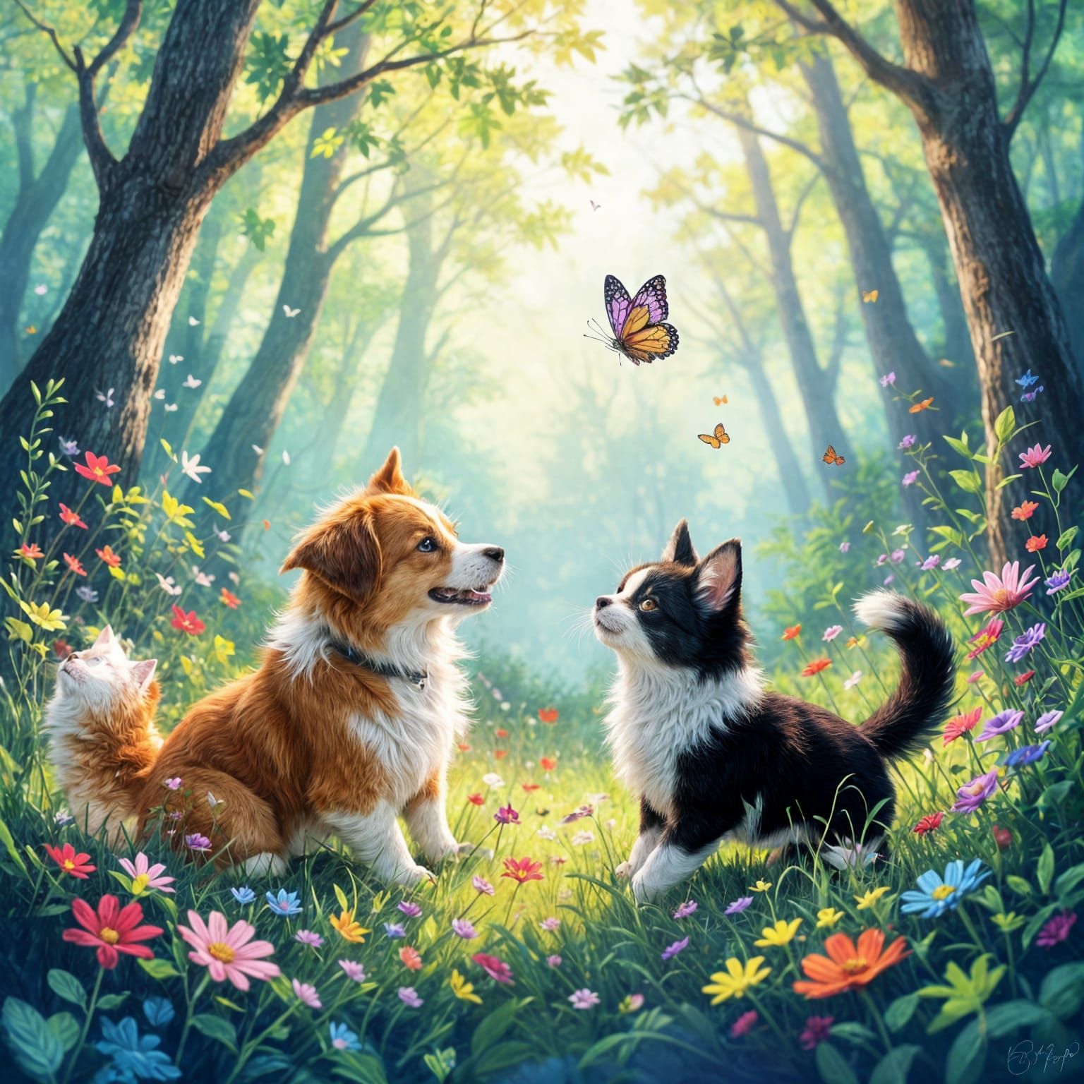 Dog and Cat Playing in Surreal Forest