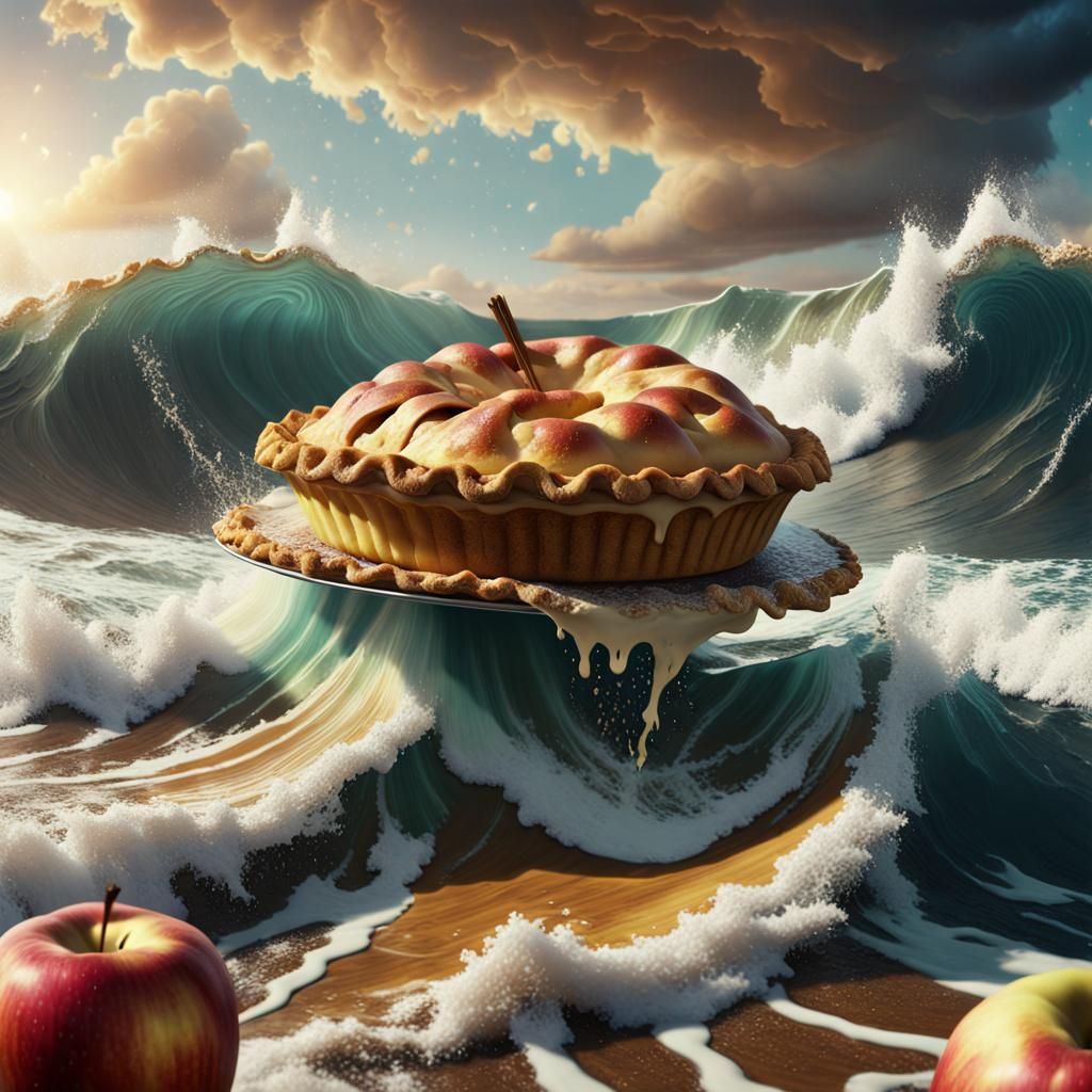 Giant Apple Pie Floats in Surreal Ocean