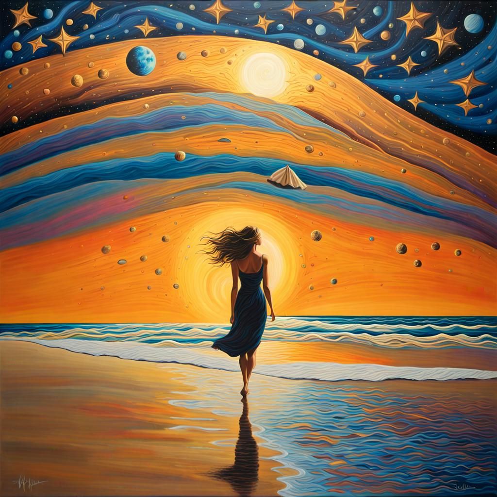 Woman Walking to the Moon: Acrylic Painting