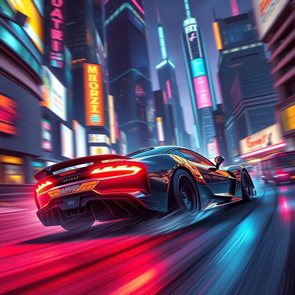 Neon Supercar Drifting Through Futuristic Cityscape