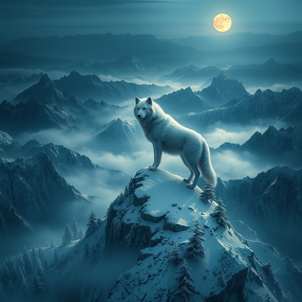 White Wolf on Snowy Peak: Cinematic Digital Landscape