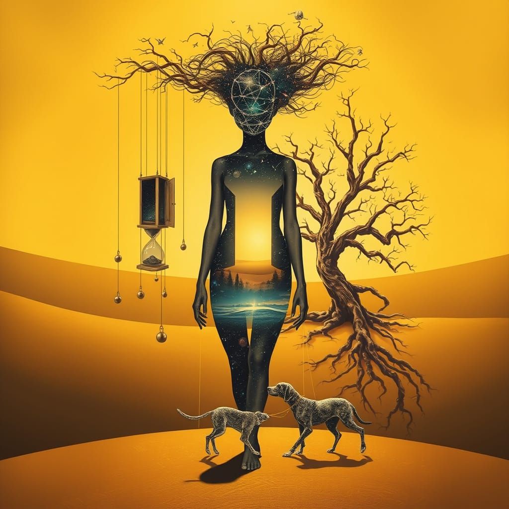 Dreamlike Monochromatic Landscape with Mysterious Woman