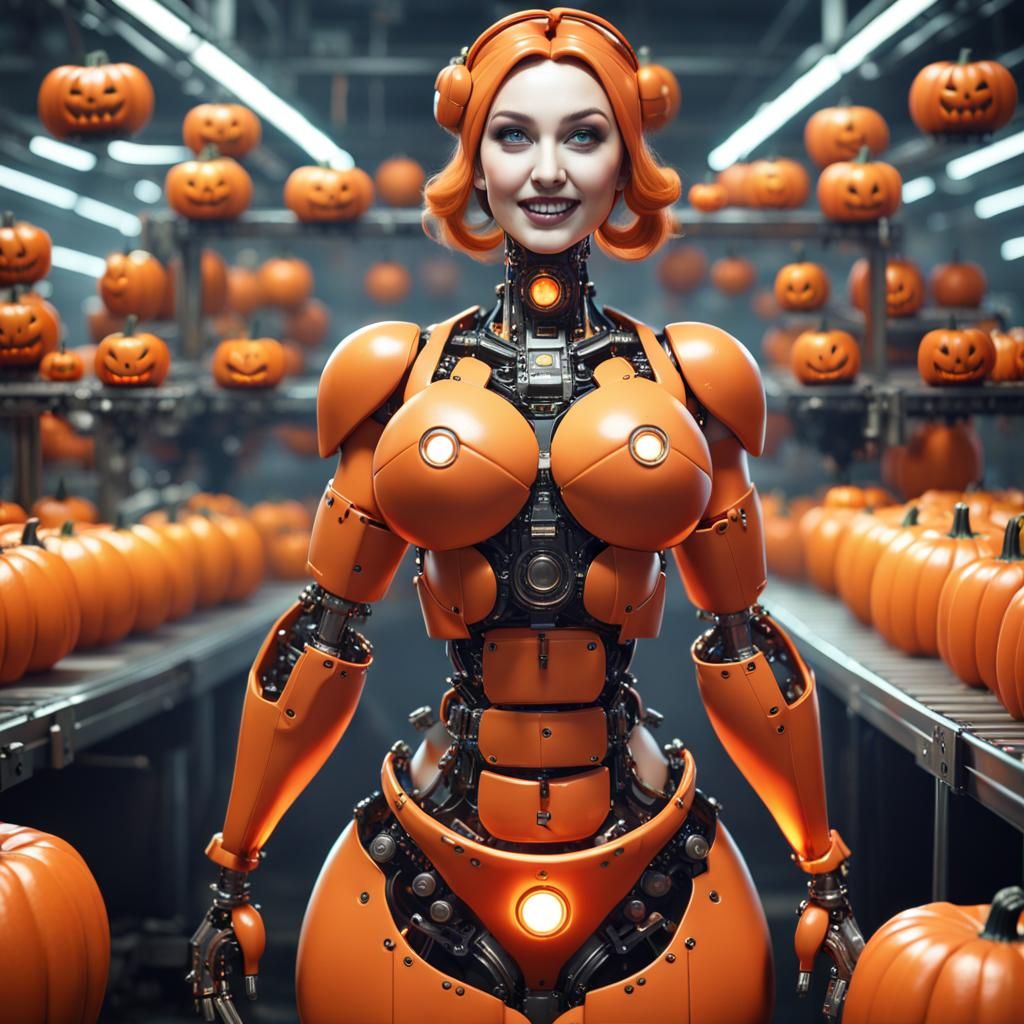 Robotic Woman in Jack-o'-Lantern Factory, Digital Painting