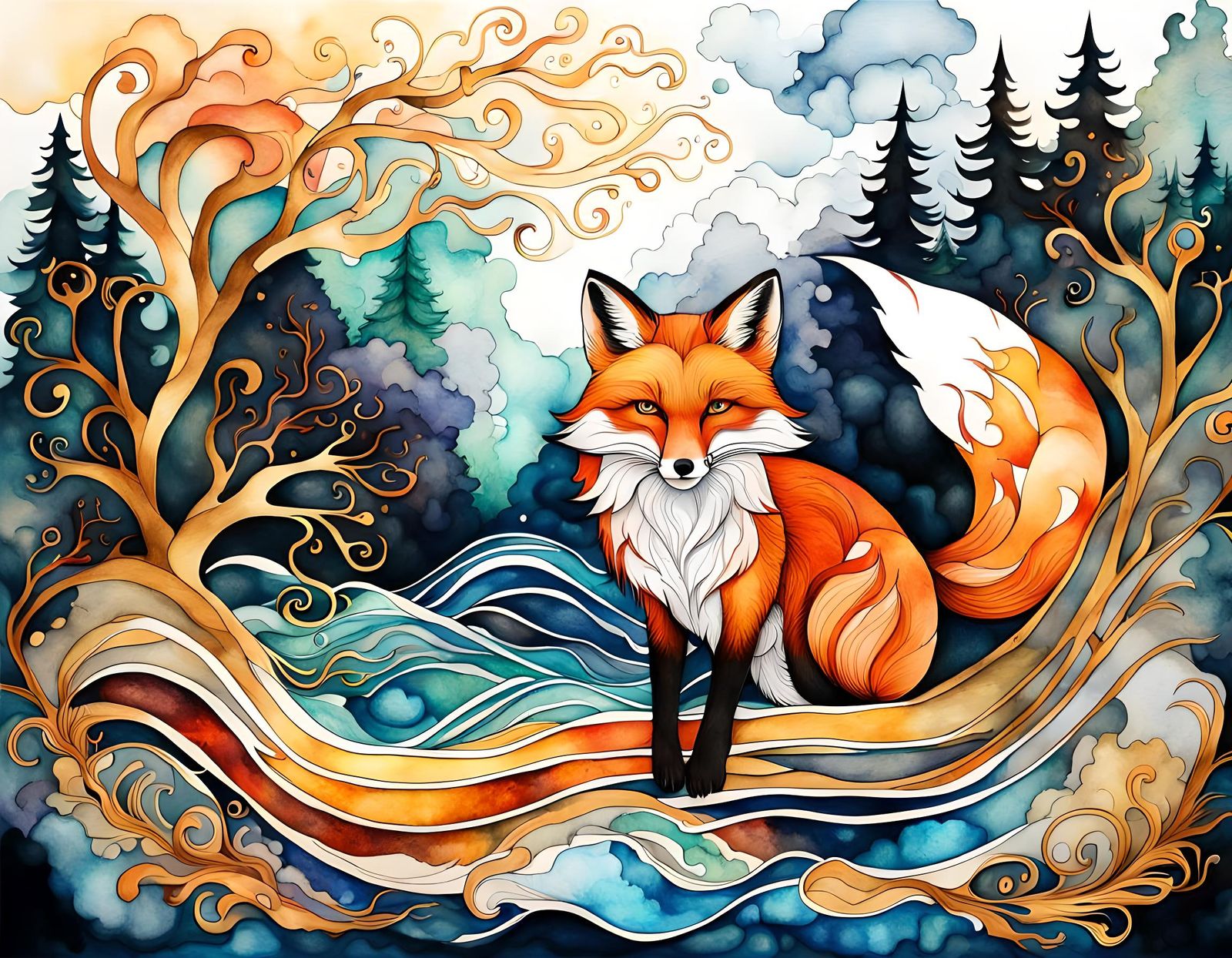 Vivid Fox in Forest, Nouveau Vague Illustration