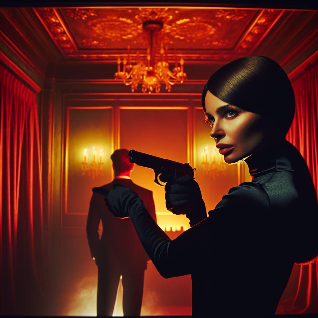 Enigmatic Spy Scene in Dark Mansion