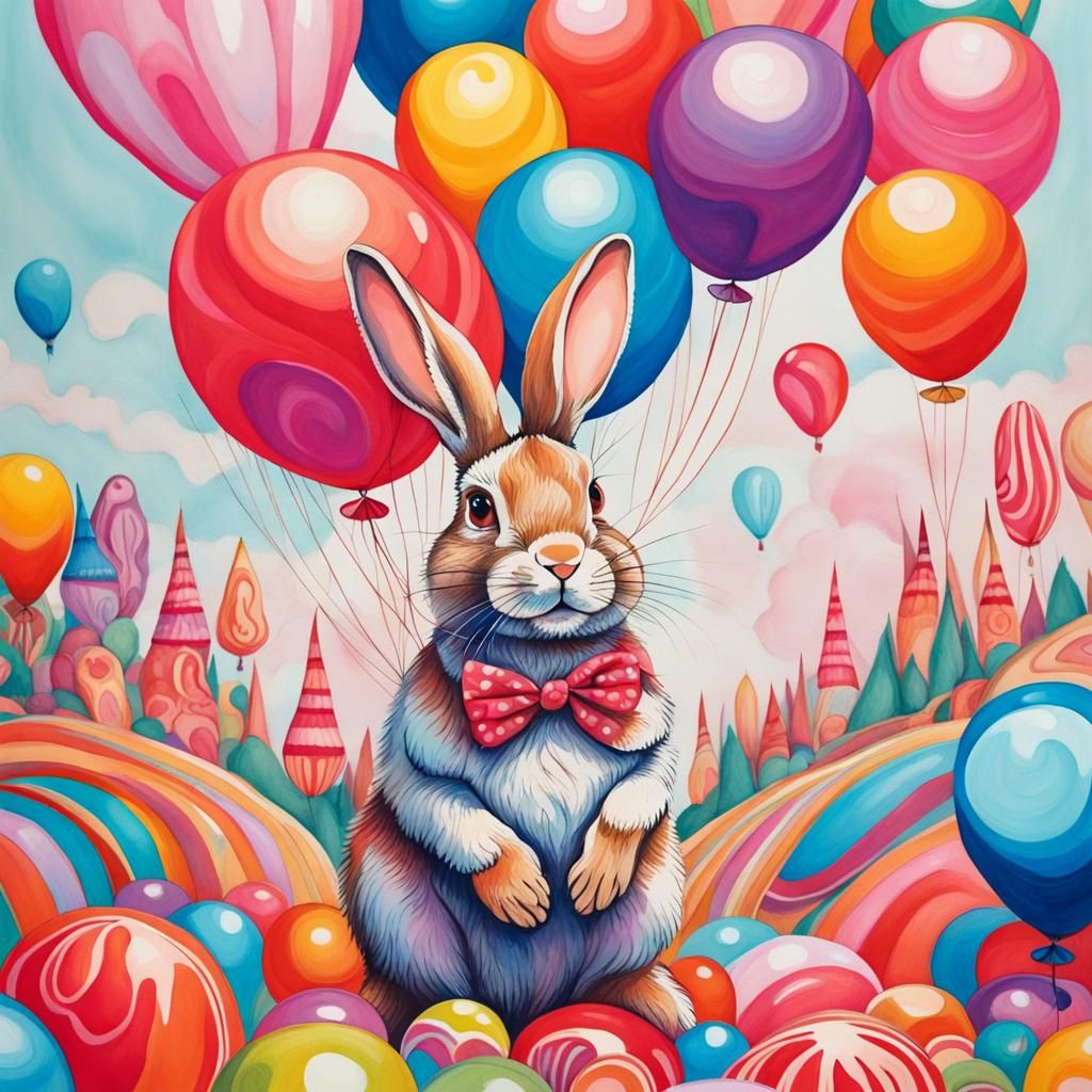 Rabbit in Balloons: Candyland Gouache Wonderland