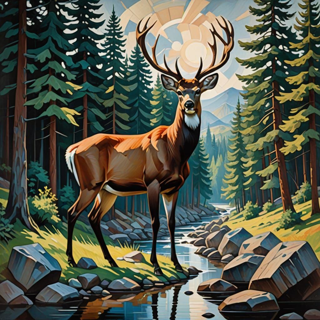 Cubist Deer in Majestic Forest