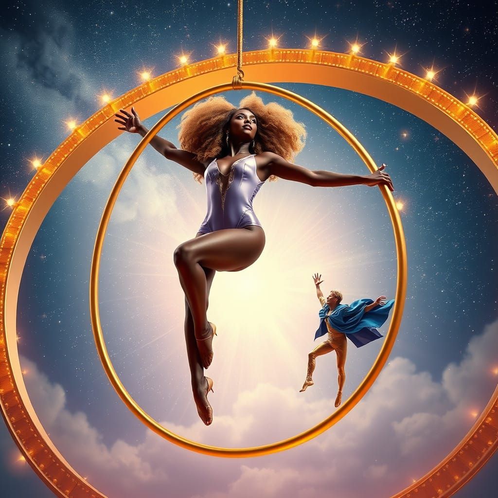 Dreamlike Circus Scene Under Golden Celestial Arch