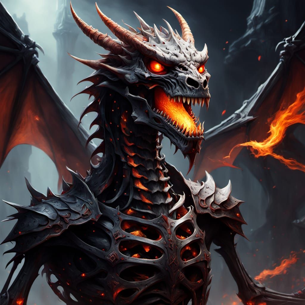 Skeleton Dragon with Fiery Aura and Glowing Eyes