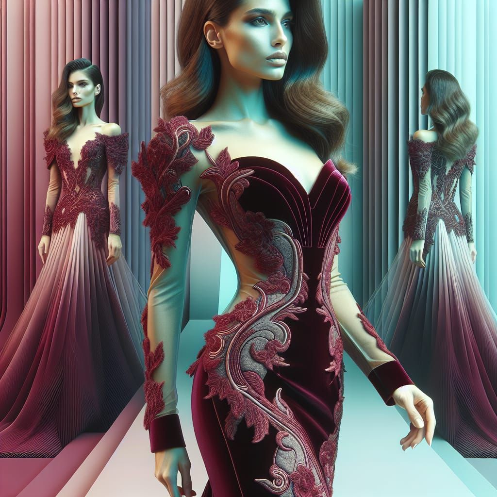 Futuristic Evening Gown in Velvet and Lace on Elegant Woman