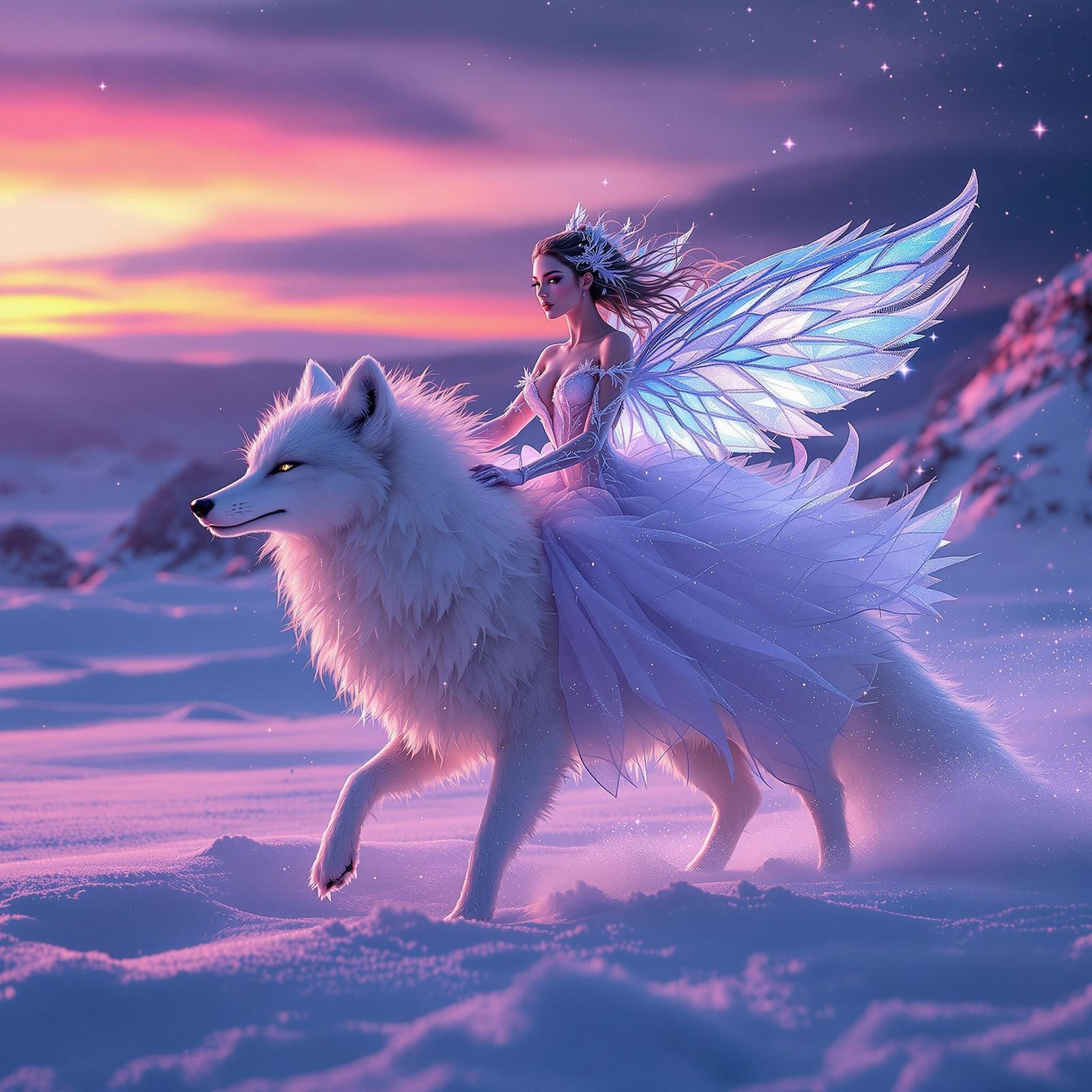 Glamorous Frost Fairy Riding on an Arctic Fox in a Vibrant S...