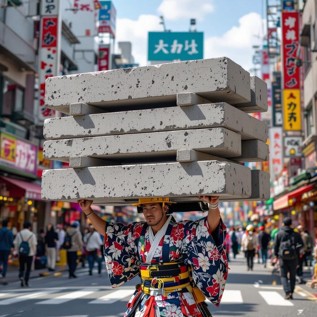 Japanese Man Carrying Pillars in Futuristic Style