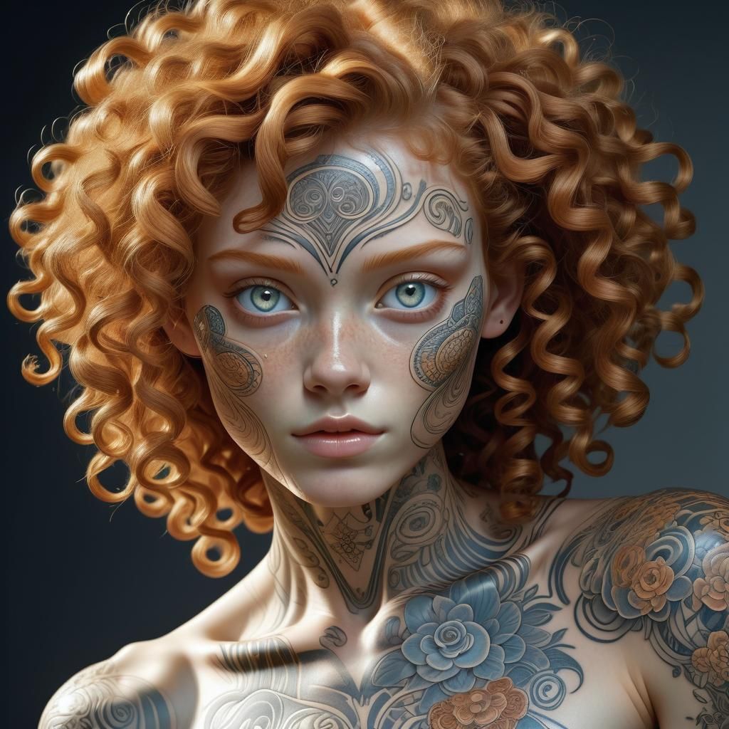 Ginger Woman with Tattoos in Detailed Landscape