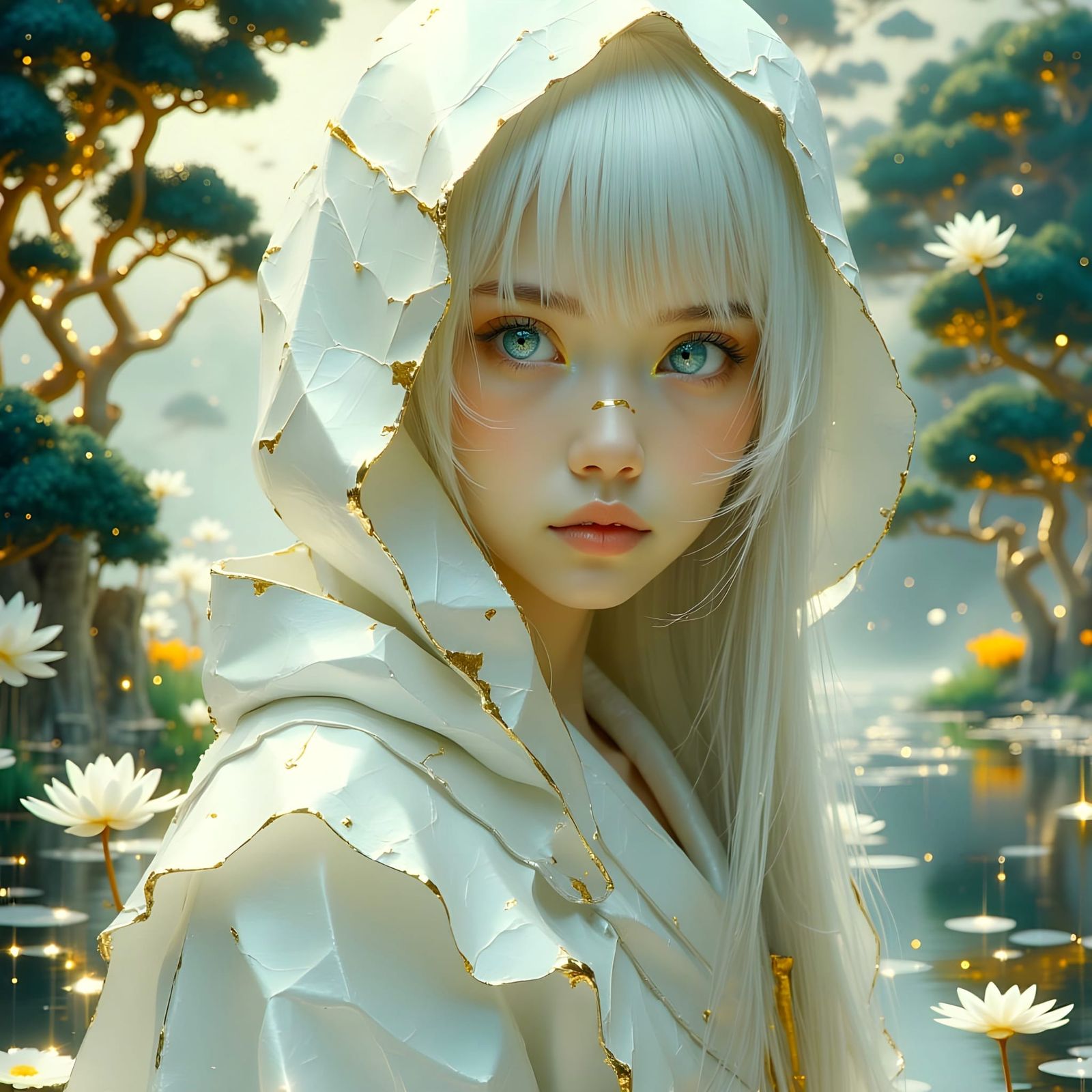 Mystical White Goddess with Golden Eyes and Ancient Bonsai T...