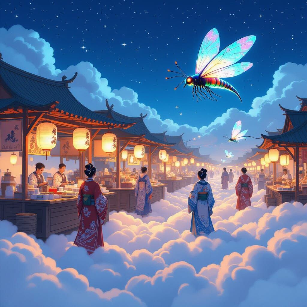 Cloud Night Market with Fireflies, Fantasy Art