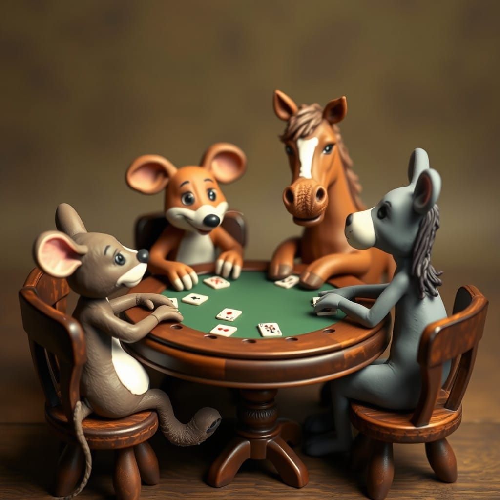 Colorful Claymation Animals Play Poker in a Cozy Round Table...