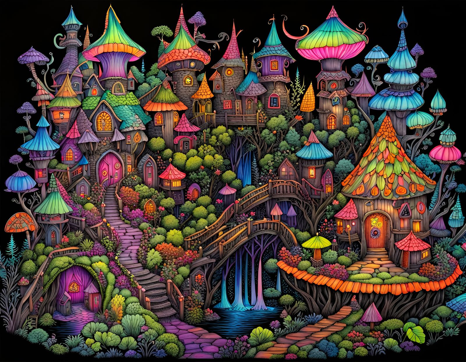 Fantasy  faerie village in a blacklight neon fantasy world