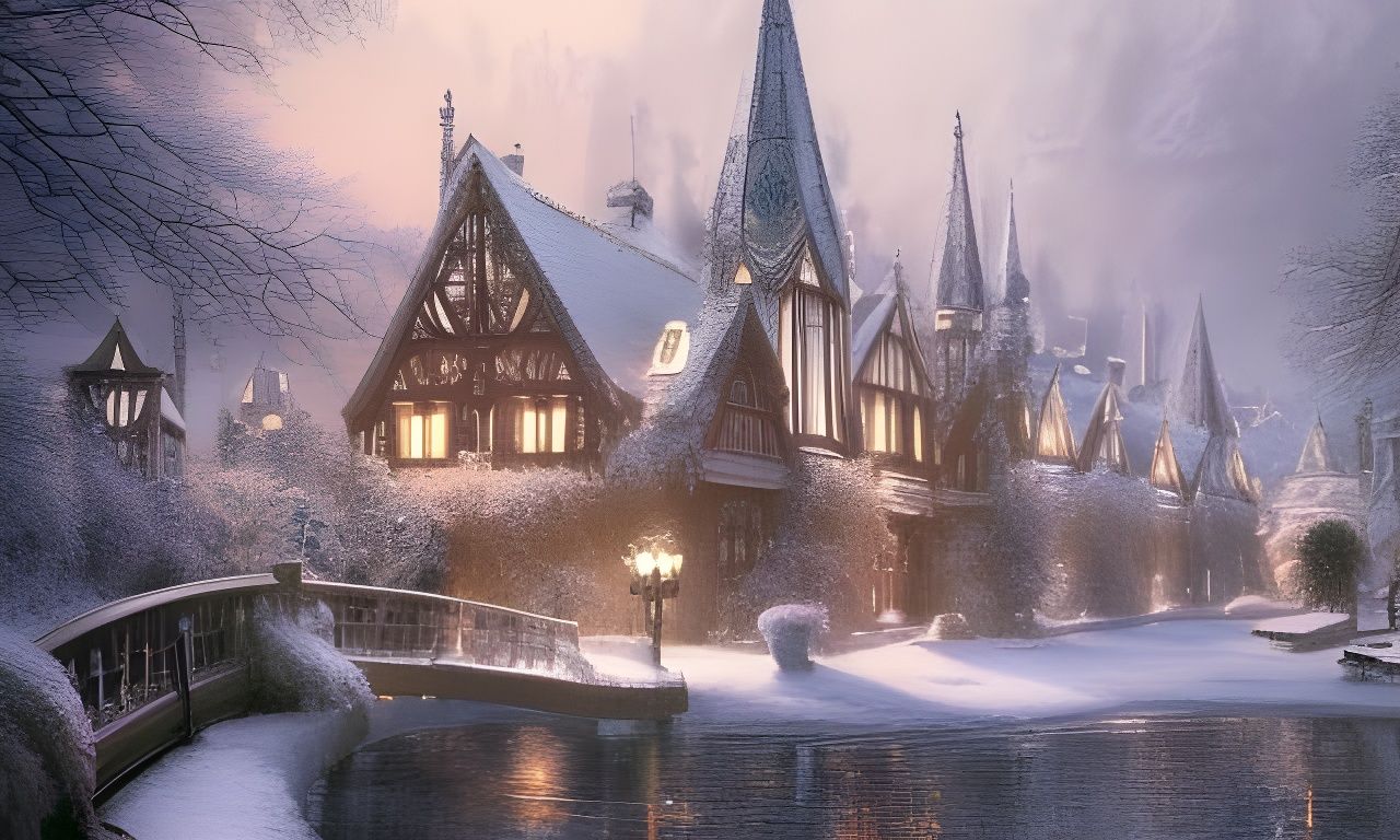 Magical Winter Village at Twilight: Detailed Matte Painting