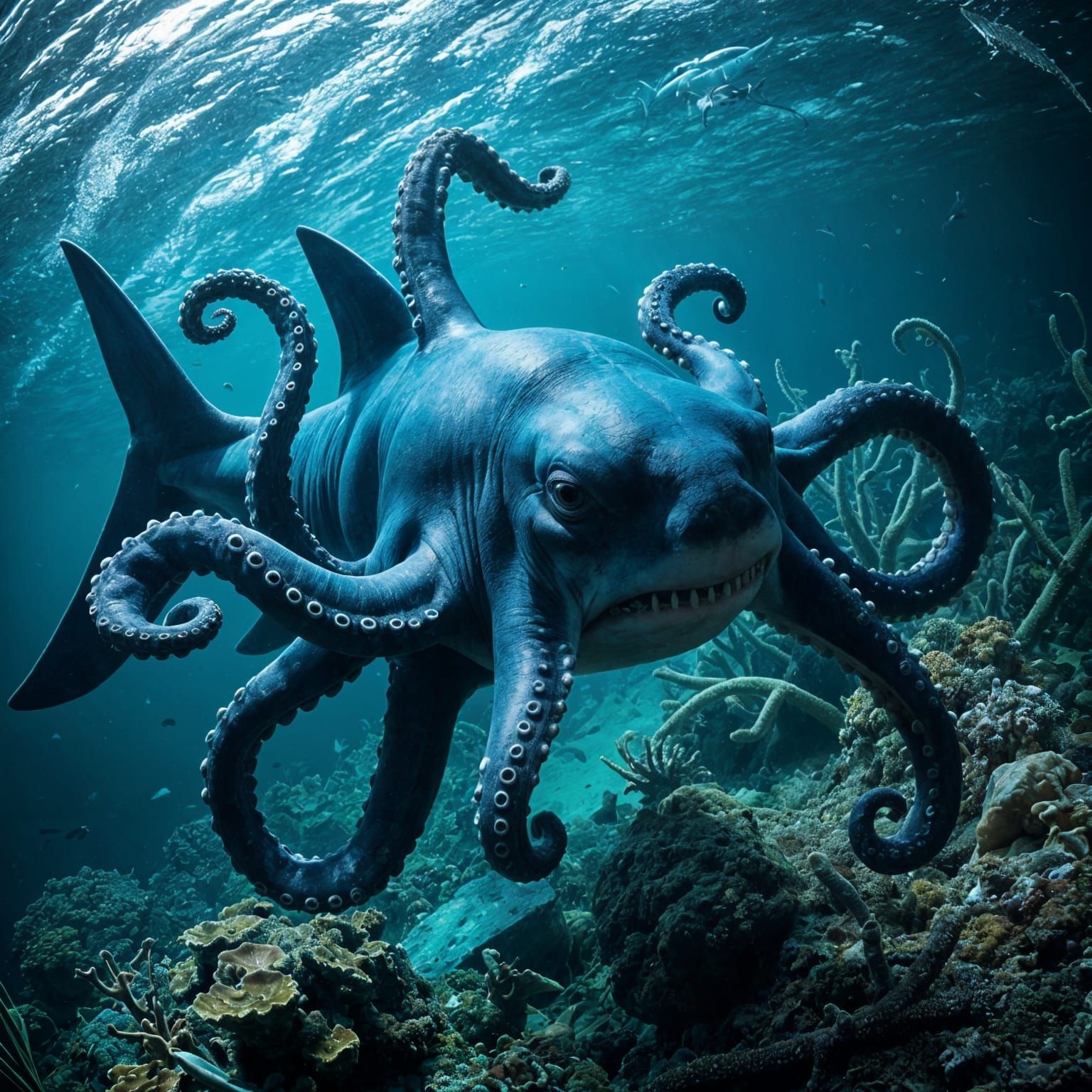 Surreal Hybrid Creature Emerges from Dark Ocean Depths