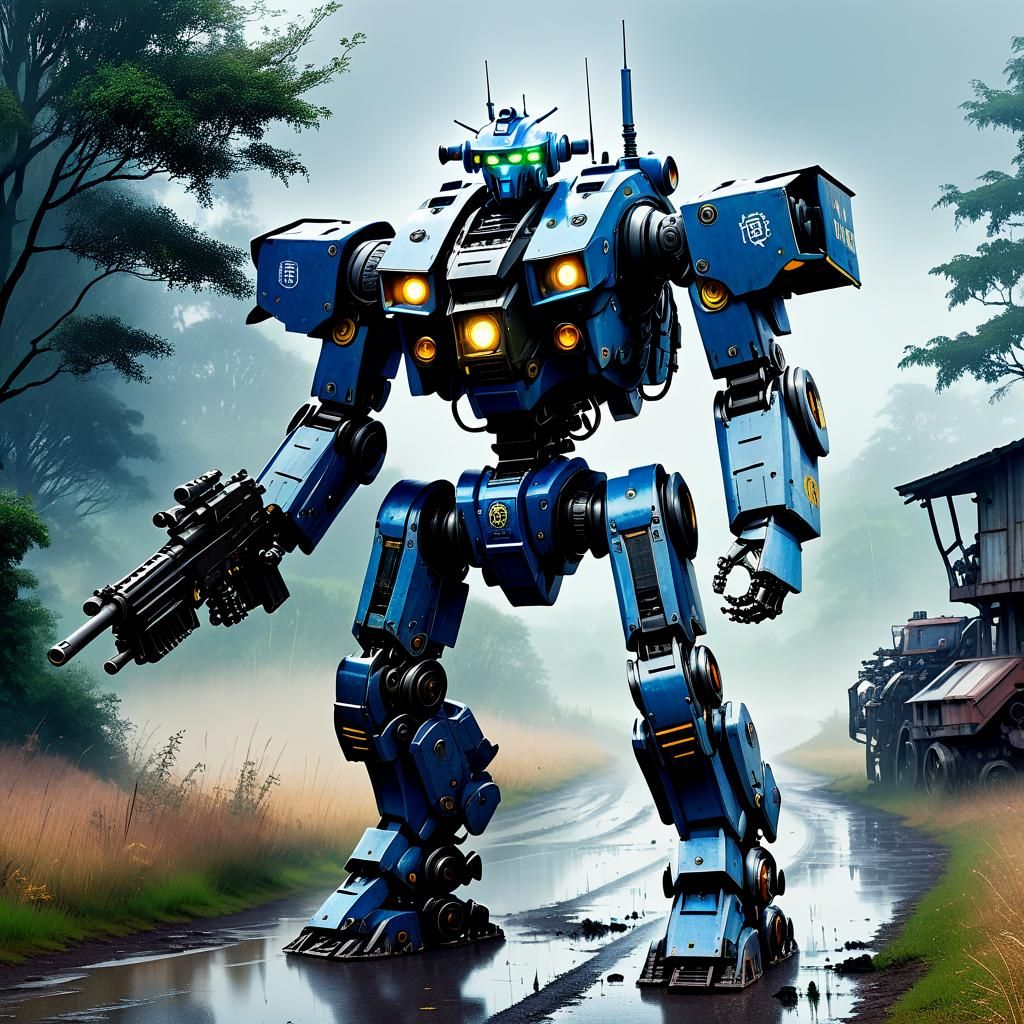 Mecha Police Robot in Post-Apocalyptic Landscape