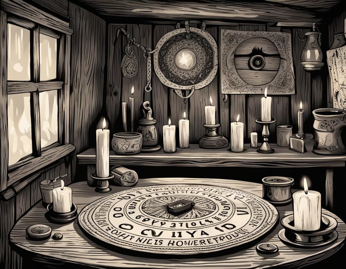 Realistic Ouija Board and Candles in Gypsy Hut