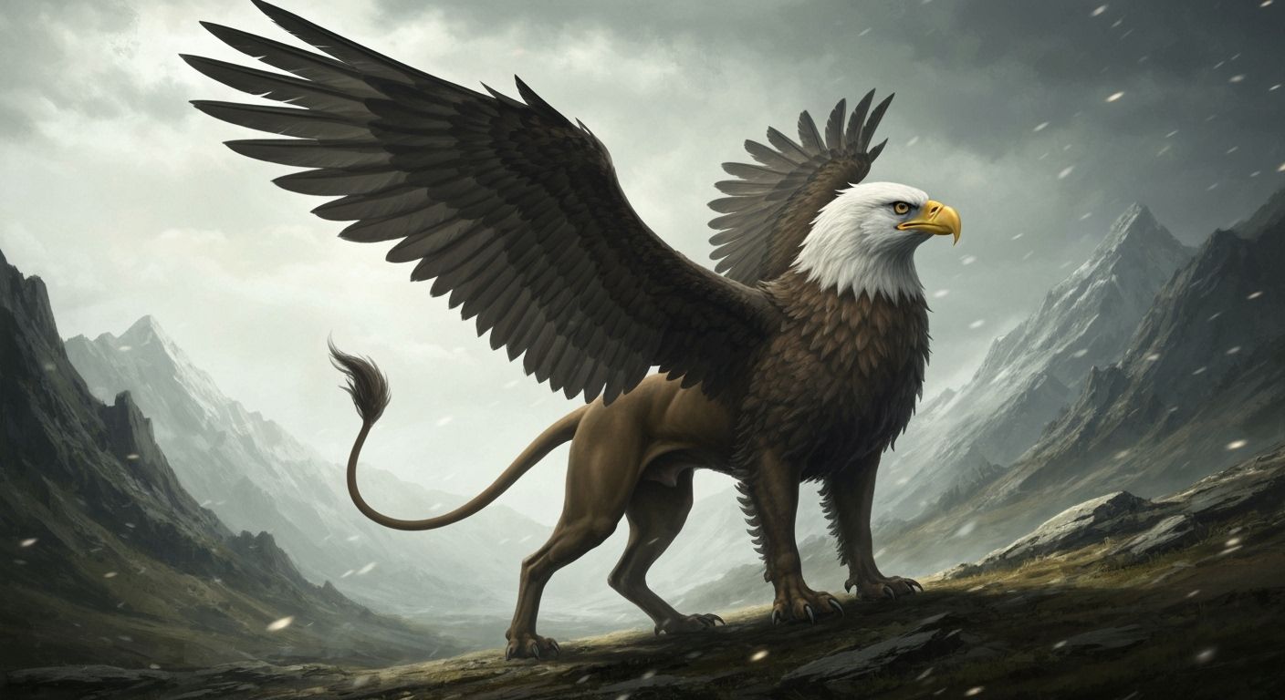 Majestic Griffin in Windswept Landscape as Oil Painting