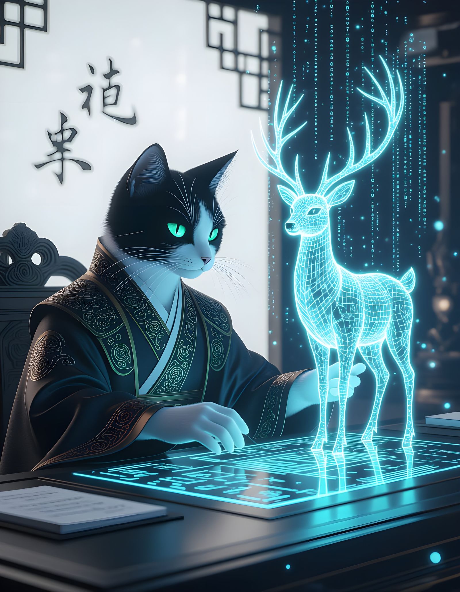 Anthropomorphic Cat Scribe Studying Holographic Deer