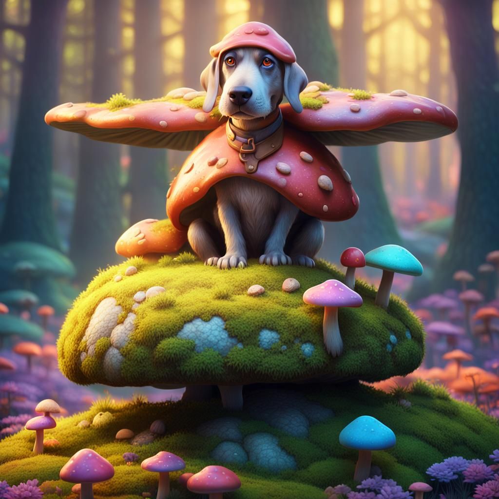 Moss Dog on Mushroom in Fantasy Forest