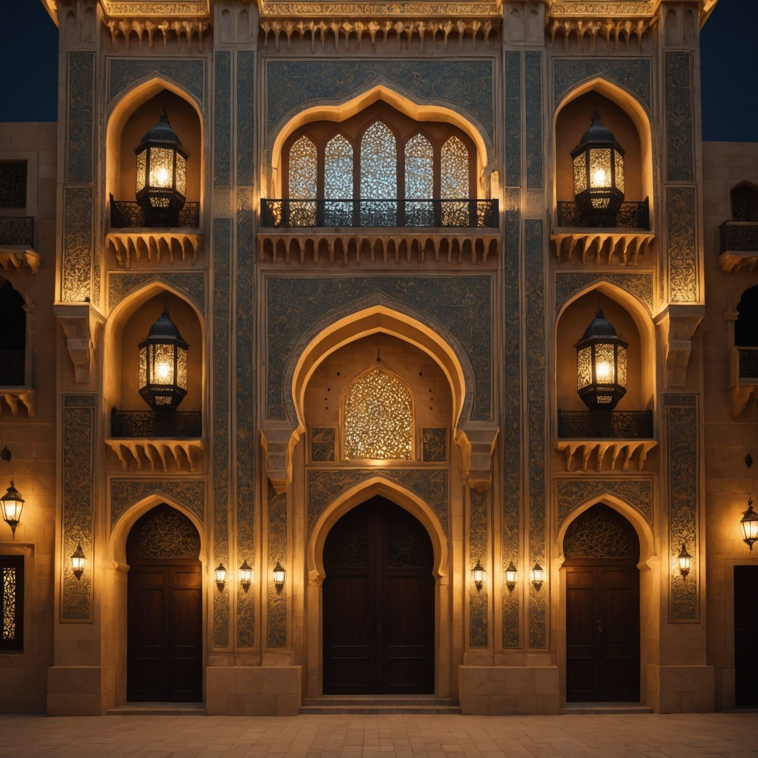Arabian Palace Facade at Night with Lanterns