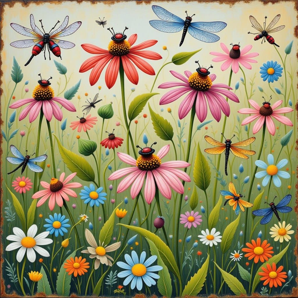 Echinacea Flowers in Naïf Art Style