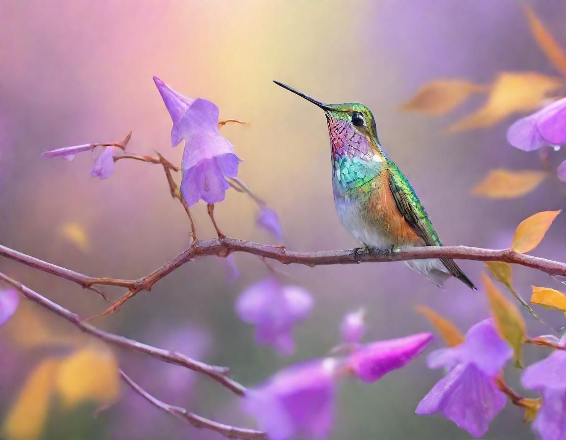 Hummingbird in Rainy Autumn Meadow, Watercolour Painting