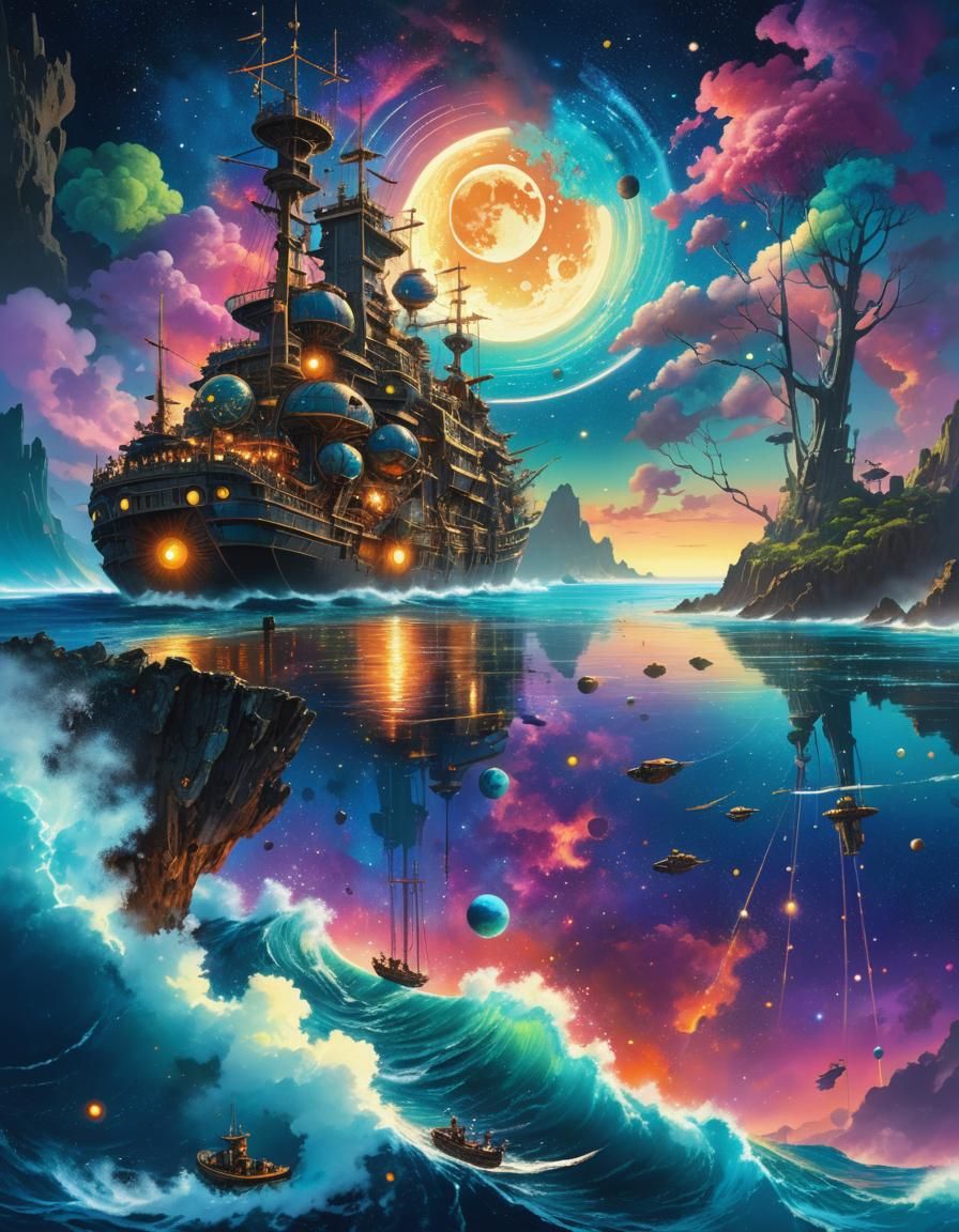 Starry Ocean Dreamscape in Retro Sci-Fi Style