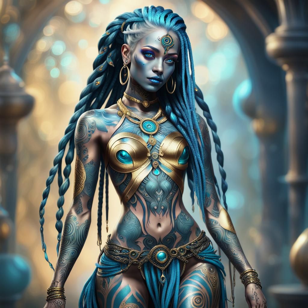 Mystical Golden-Blue Woman with Tattoos in Fantasy Realm