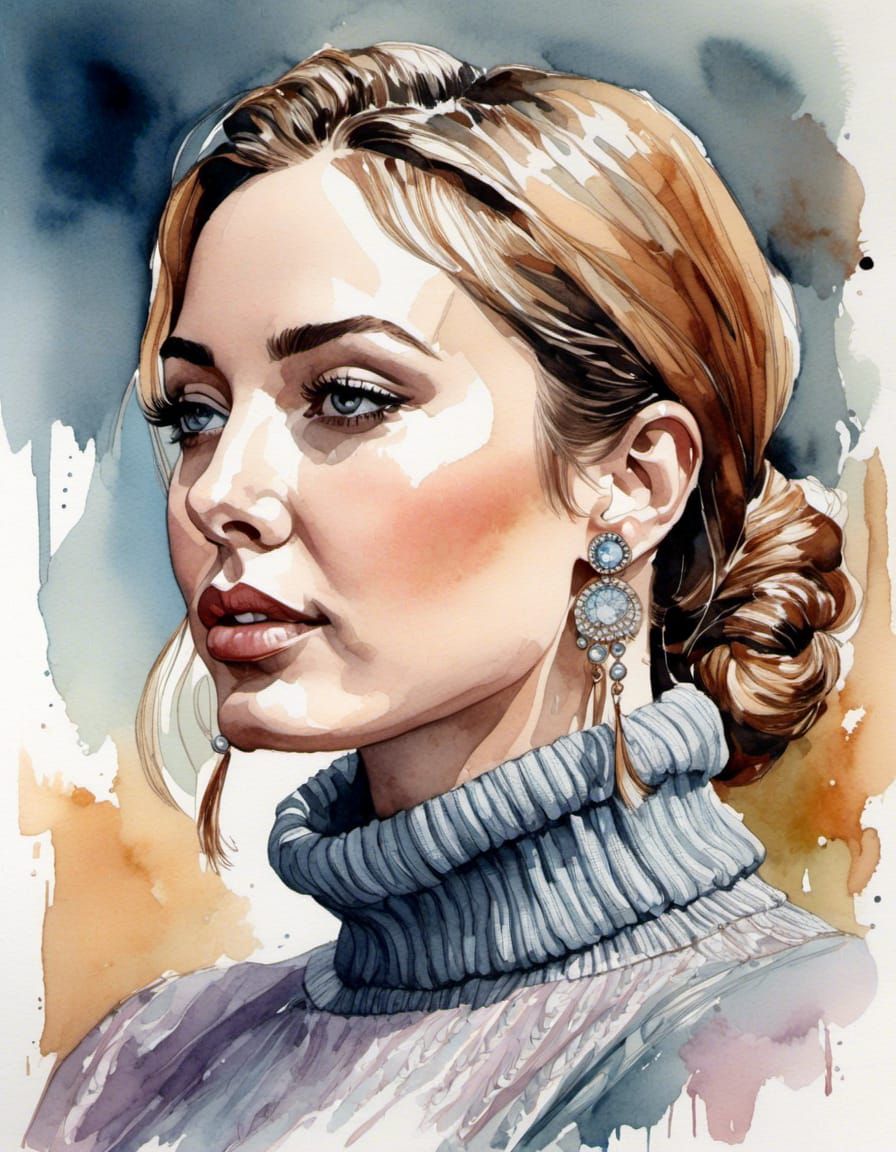 Watercolor Portrait of Woman with Pearl Earrings
