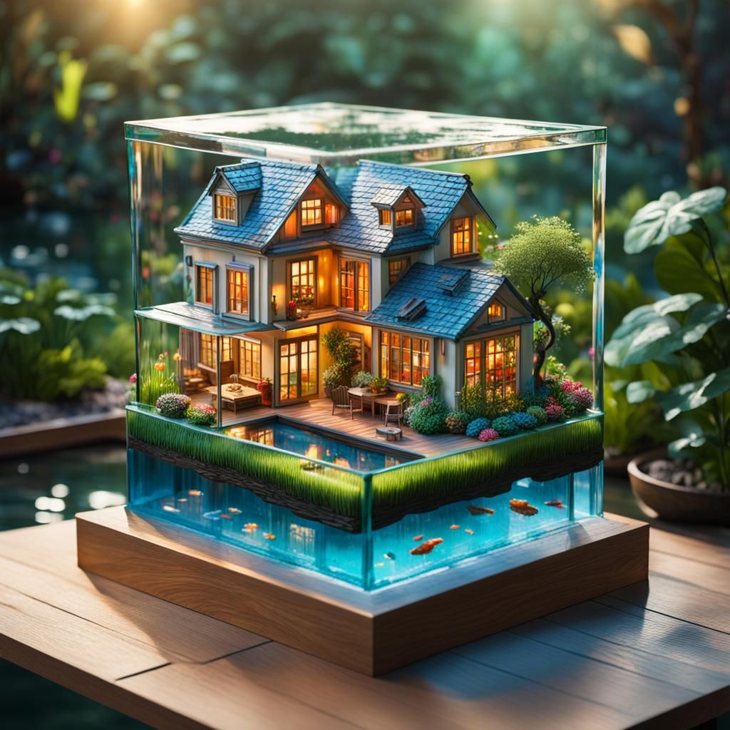 Hyperrealistic Dollhouse in Garden Scene
