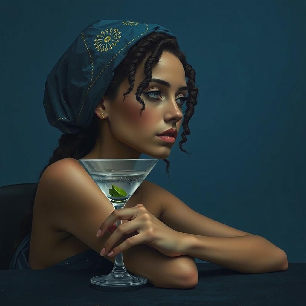 Contemplative Woman with Martini in Blue Hues