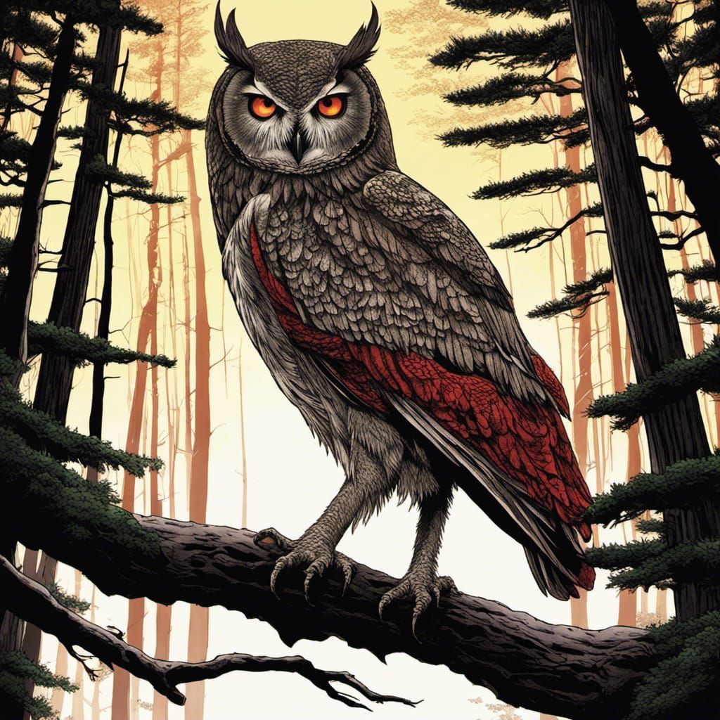 Manga-Style Owl in Forest with Deep Color
