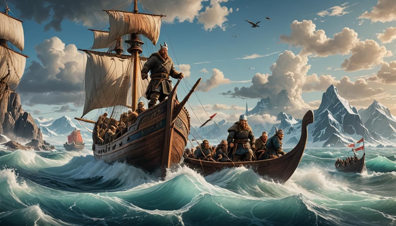 Leif Erikson Reaches Greenland: Hyperrealistic Viking Scene
