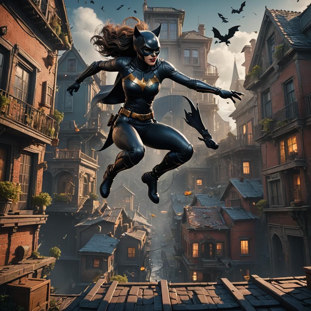 Cat Woman Leaps Across Rooftops: Detailed Matte Painting