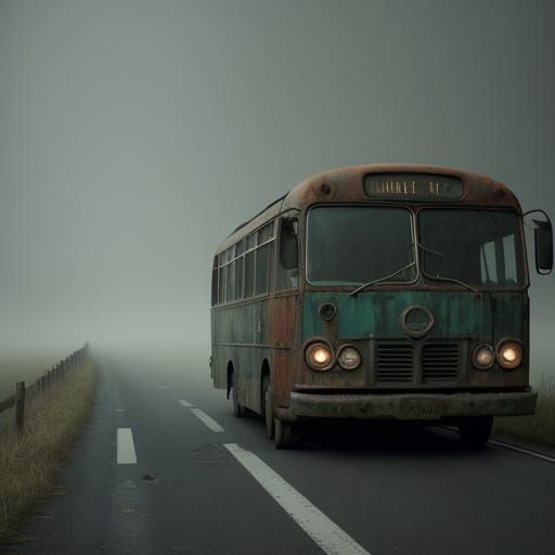 Fog-Shrouded Bus Climbs Steep Hill in Eerie, Cinematic Light